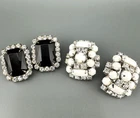 Vintage Rhinestone Earrings Lot Black White Milk Glass Silver Tone Rectangular
