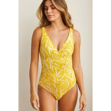 Boden Women's SZ 10L Talamanca 1 Piece Swimsuit Yellow White Ruched Flattering