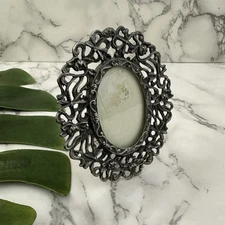 Vintage Y2k Mini Picture Frame Silver Metal Oval Roses Scroll Cottagecore Decor