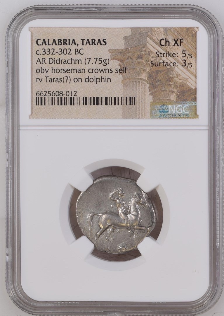 Calabria, Taras c.332-302 BC, AR Didrachm (7.75g) - NGC Ch XF Dolphin