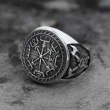 Mens Bold Stainless Steel Viking Double Axes Nordic Compass Ring-SIZE 7-14