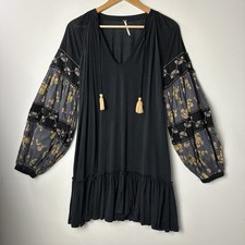 Free People Mix It Up Tunic Mini Babydoll Dress Black Floral Beads Boho Hippie M