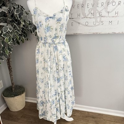 Mine Dress Womens Large White Blue Floral Maxi Spaghetti Strap Lace Trim Lined