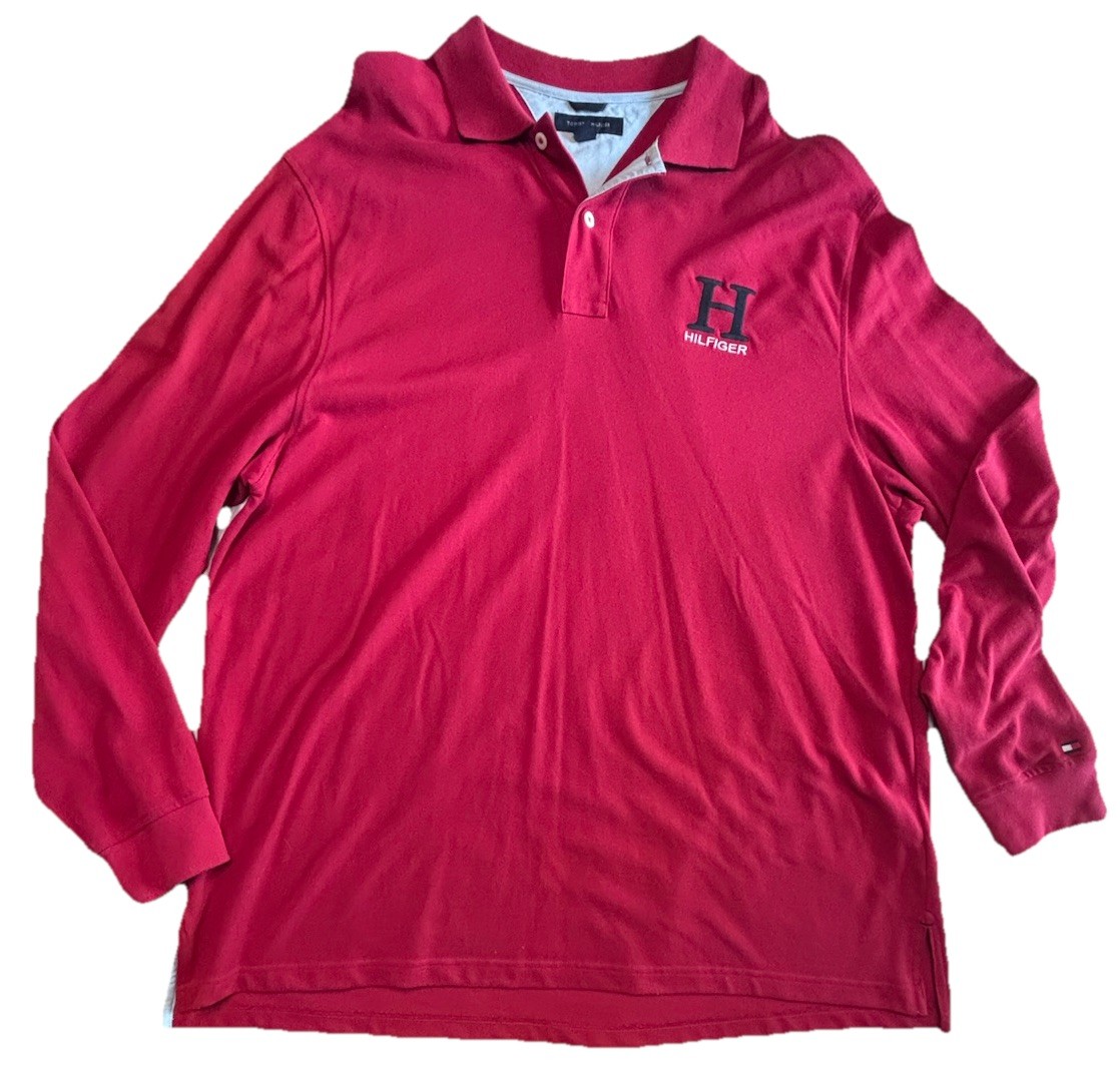VINTAGE Tommy Hilfiger Long Sleeve Polo Shirt Adult 2XL Y2K Mens Red Big Logo
