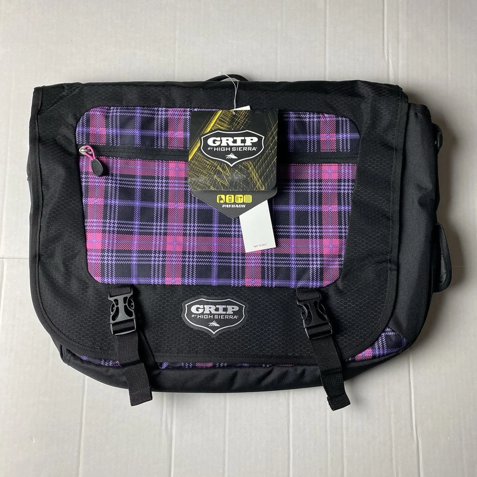 Bolso Bandolera Mensajero Grip by High Sierra Payback Negro Púrpura Rosa A Cuadros Nuevo con Etiquetas Foto 2 de 4
