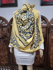 Empierre By Sedef Yellow Baroque Print Hand Rolled Hem Silk Scarf 34"×34"#7
