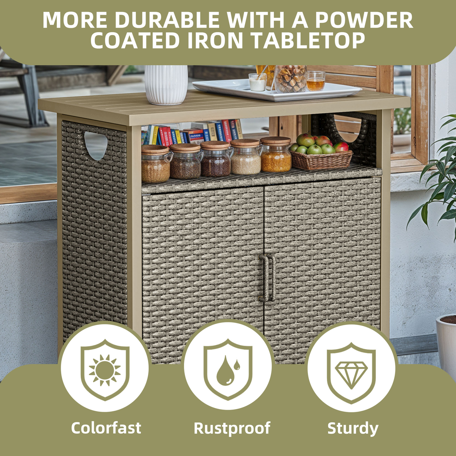 All-Weather Storage Box Cabinet Sideboard with 2 Door Shelf Top Rattan ...