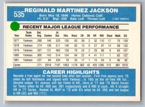 Reggie Jackson 1982 Donruss #535 - Picture 2 of 2