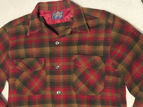 Vintage 60s Pendleton Virgin Wool Board Shirt Men Loop Collar Sz M Rust Plaid - Picture 3 of 12