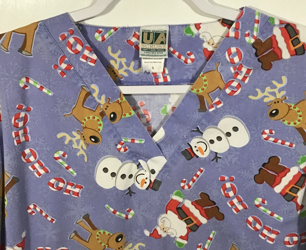 Christmas Scrub Top womens size S Small Santa Reindeer HO HO HO