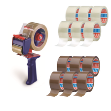 Tesa 6300 Packband Handabroller Economy +  6 Rollen Klebeband braun/transparent