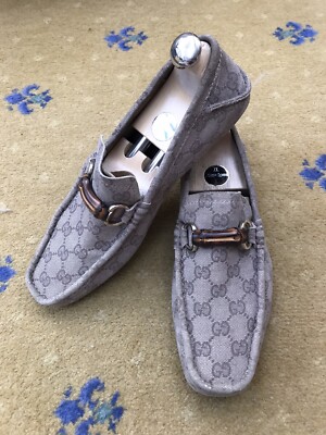 Gucci Halbschuhe Schuhe Monogram Canvas Beige Bambus Horsebit Herren UK 6,5 US 7,5 40+