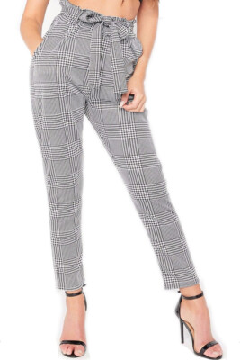 Ladies Dogtooth Print Trousers Tie Waist Check Paper Bag Style Cigarette  Pant | eBay
