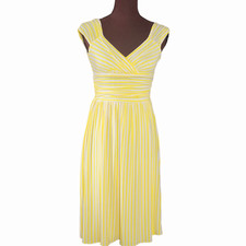 Nine West Dress Size 2 Yellow White Stripe Sleeveless Stretch Ruching Casual Sun
