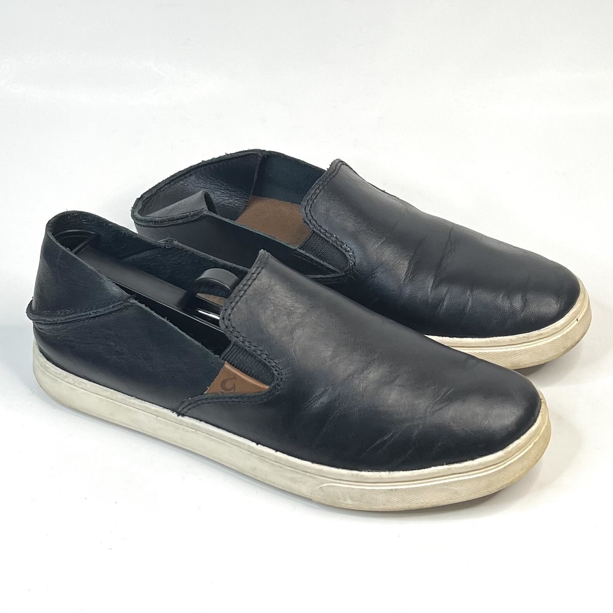 OluKai Pehuea Leather Slip On Shoes Floc Fox Black Slides Way Loafers  US