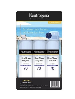 Ultra Sheer Body Mist Sunscreen Spray  Spectrum SPF 70, 5 oz, 3 PACK