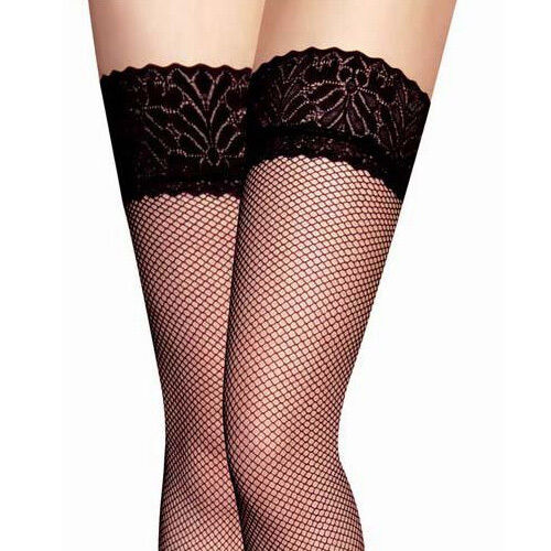 Black Thigh High Fishnet Lace Top Hold-up Stockings One Size S M 8 - 12  - Picture 1 of 3