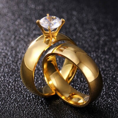 6mm Round Lab Created Couple Rings Men's Women's 14k Gold Plated 925 Silver