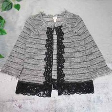 CHICO  S 1 Tweed Lace Fringe Open Front Cardigan Jacket Women  s Size Medium / 8