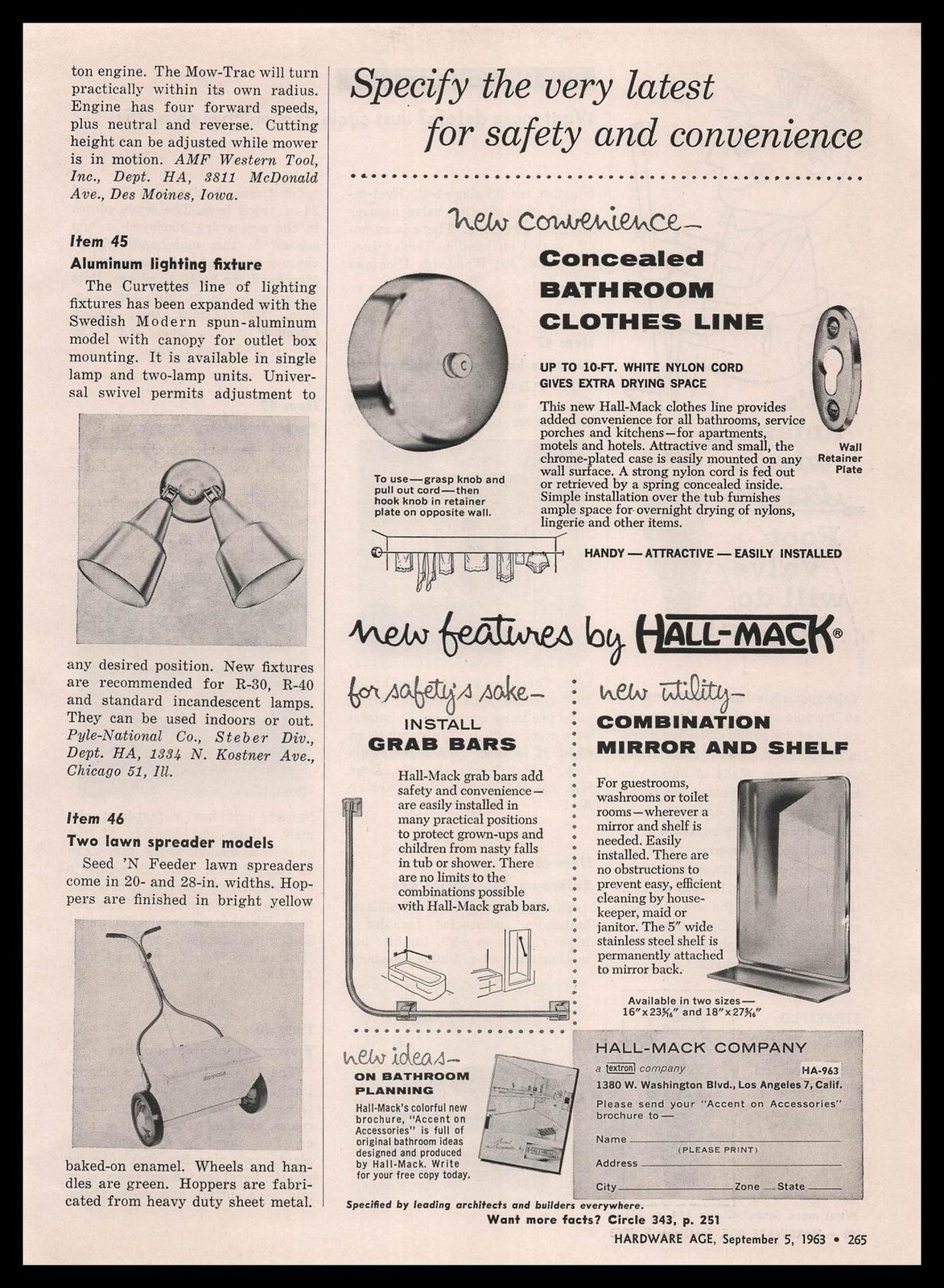 1963 Hall-Mack Co. Los Angeles California Grab Bars Mirror Clothes Line Print Ad