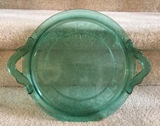 Jeannette Glass Doric & Pansy Teal-Ultra Marine 12 1/2" Handled Tray FREE SHIP