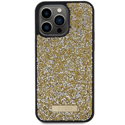 Guess iPhone 15 Pro Hülle Case Cover Rhinestone Strass Kristall gold Metal Logo