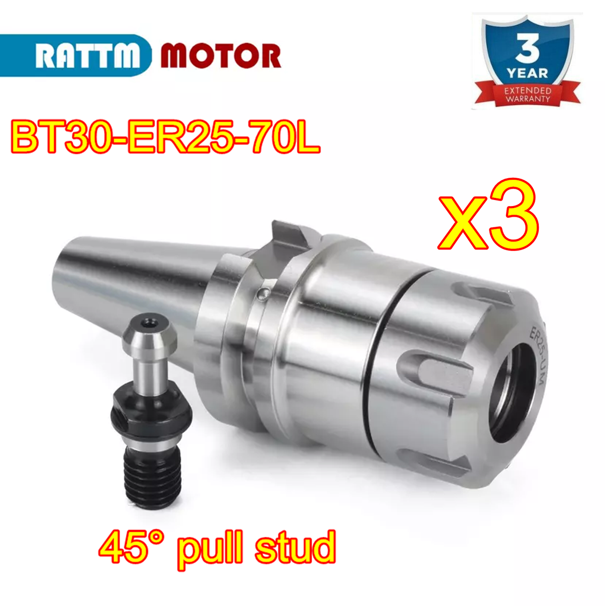 3Pcs BT30 ATC Spindle ER25 70L Tool Holder Collet Milling Chuck w