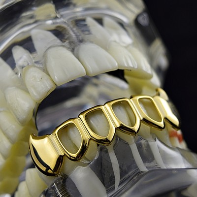 Fang Grillz 4 Four Open Face Teeth 14k Gold Plated Lower Bottom Vampire Fangs