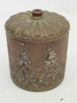 Antique Victorian bronze ornate lidded string container canister 3.5''