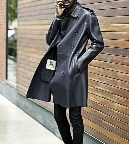 Mens Leather Trench Coat Jacket Soft Black Luxurious Winter Lambskin Overcoat