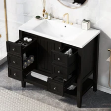 36" Bathroom Vanity with Sink, One Cabinet & 3 Drawers, Solid Wood & MDF, Black