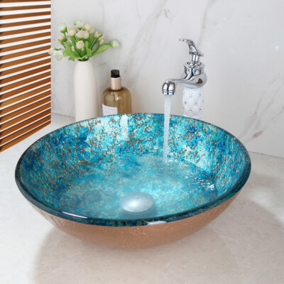 Round Glass Bathroom Vessel Sink Washroom Hotel Basin Faucet Set
