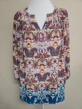 DR2 Daniel Rainn Women's Blouse 3/4 Sleeve V-Neck Paisley Print Polyester.Size L