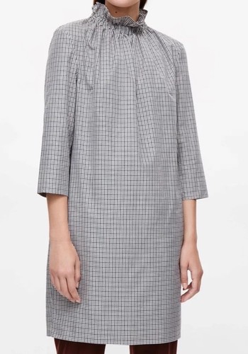 COS Black White Brown Tiny Check Frill Collar Shift Dress Size 40 UK 12