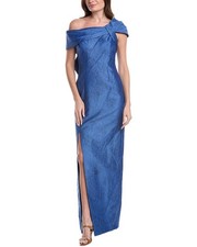 Teri Jon By Rickie Freeman Jacquard Asymmetrical Portrait Bow Shoulder Gown