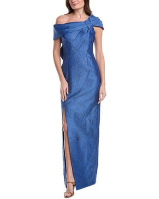 Teri Jon By Rickie Freeman Jacquard Asymmetrical Portrait Bow Shoulder Gown