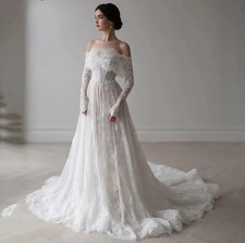Modern Lace Wedding Dress Off The Shoulder Full Sleeves A-line Church Bride HOT
