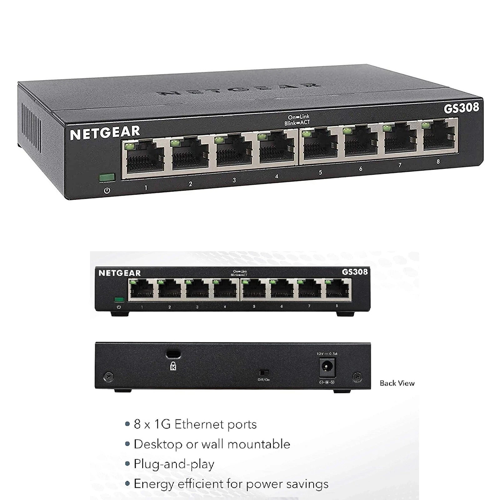 NETGEAR GS308 8-Port Gigabit Ethernet Network Switch Hub Internet Splitter