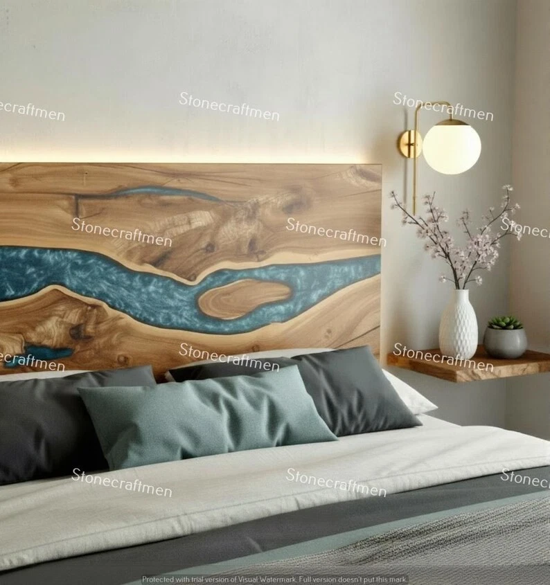 Handmade Epoxy River Headboard | Solid Wood Rustic Modern Decor - Image 2 of 4