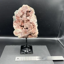 Pink Amethyst Geode Slab On Stand Rose Quartz Crystal Decor 12”H  3.8Lbs.