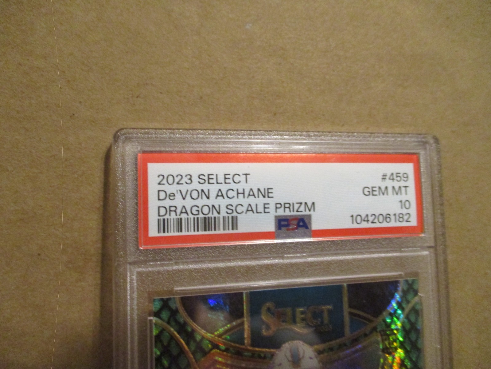 2023 PANINI SELECT DE'VON ACHANE #459 RC SUITE DRAGON SCALE PRIZM 42/70 PSA 10 view 2