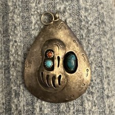 Vintage Navajo Sterling Silver Shadowbox Pendant w/ Turquoise & Coral