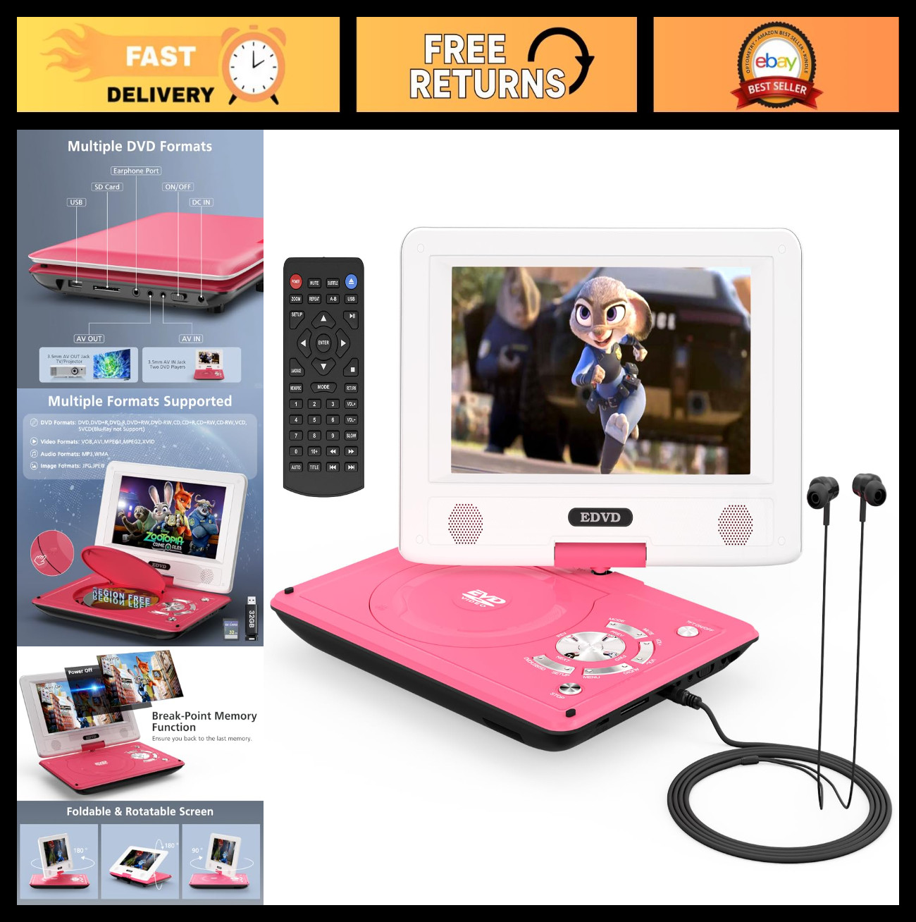 11.5" For Kids, Swivel Hd Screen, 4-6 Hour Battery, Tv Sync,