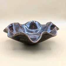 Studio Pottery Handmade Art Pottery BROWN Bowl Handkerchief Ruffle Artist Signed