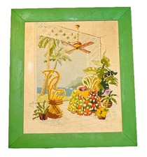 Vintage Tropical Crewel Embroidery Framed Sunroom Rattan Boho Art 21x24