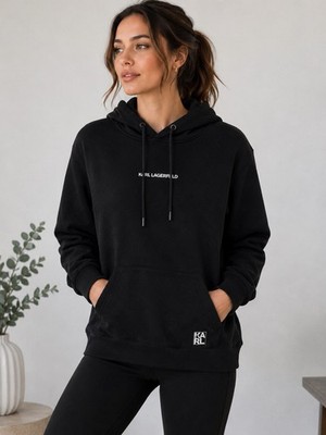 Karl Lagerfeld Paris Black Logo Pullover Fleece Hoodie Pockets Women's S