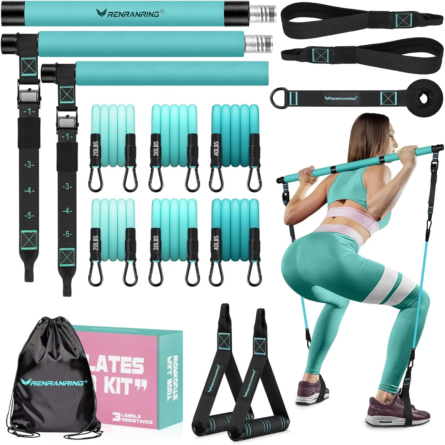 Pilates Bar Kit w/ Resistance Bands Adjustable Metal Buckle Full Body Blue