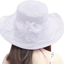 White Organza Church/Dress Formal Hat Wide Brim with Bow, One Size