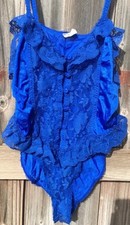 Vintage Teddie Bodysuit Chic Lingerie Co. Blue Playsuit Lace Ruffles L 80 s Snap