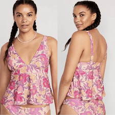 Old Navy Peach Floral V-Neck Swing Tankini Top  High Waisted Bikini Bottom Set